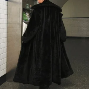Black Solid Color Faux Fur Coat